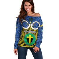 Personalised Vanuatu Tafea Province Off Shoulder Sweater Pig Tusk Mix Maori Pattern and Namele Leaf LT03 Women Blue - Polynesian Pride