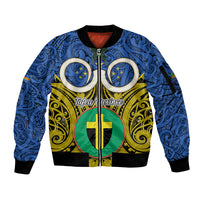 Personalised Vanuatu Tafea Province Sleeve Zip Bomber Jacket Pig Tusk Mix Maori Pattern and Namele Leaf LT03 Unisex Blue - Polynesian Pride