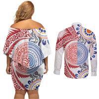 Tongan and Australian Culture Together Couples Matching Off Shoulder Short Dress and Long Sleeve Button Shirt Ngatu Art Tribal Aboriginal Tattoo Pattern - Polynesian Pride