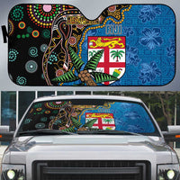 Fijian and Australian Culture Together Auto Sun Shade Aboriginal Art and Tapa Motifs with Kangaroo and Palm Tree - Polynesian Pride