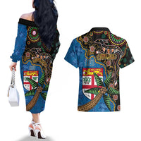 Fijian and Australian Culture Together Couples Matching Off The Shoulder Long Sleeve Dress and Hawaiian Shirt Aboriginal Art and Tapa Motifs with Kangaroo and Palm Tree - Polynesian Pride