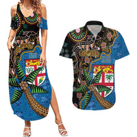Fijian and Australian Culture Together Couples Matching Summer Maxi Dress and Hawaiian Shirt Aboriginal Art and Tapa Motifs with Kangaroo and Palm Tree - Polynesian Pride