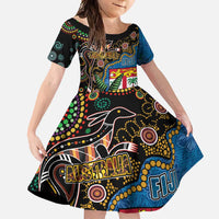 Fijian and Australian Culture Together Family Matching Long Sleeve Bodycon Dress and Hawaiian Shirt Aboriginal Art and Tapa Motifs with Kangaroo and Palm Tree - Polynesian Pride