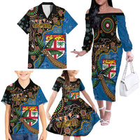 Fijian and Australian Culture Together Family Matching Off The Shoulder Long Sleeve Dress and Hawaiian Shirt Aboriginal Art and Tapa Motifs with Kangaroo and Palm Tree - Polynesian Pride