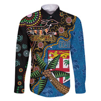 Fijian and Australian Culture Together Family Matching Off The Shoulder Long Sleeve Dress and Hawaiian Shirt Aboriginal Art and Tapa Motifs with Kangaroo and Palm Tree - Polynesian Pride