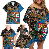 Fijian and Australian Culture Together Family Matching Off Shoulder Short Dress and Hawaiian Shirt Aboriginal Art and Tapa Motifs with Kangaroo and Palm Tree - Polynesian Pride