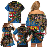 Fijian and Australian Culture Together Family Matching Off Shoulder Short Dress and Hawaiian Shirt Aboriginal Art and Tapa Motifs with Kangaroo and Palm Tree - Polynesian Pride