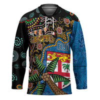 Fijian and Australian Culture Together Hockey Jersey Aboriginal Art and Tapa Motifs with Kangaroo and Palm Tree - Polynesian Pride