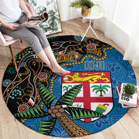 Fijian and Australian Culture Together Round Carpet Aboriginal Art and Tapa Motifs with Kangaroo and Palm Tree - Polynesian Pride