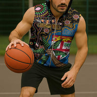 Fijian and Australian Culture Together Sleeveless Zip Hoodie Aboriginal Art and Tapa Motifs with Kangaroo and Palm Tree - Polynesian Pride