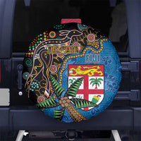 Fijian and Australian Culture Together Spare Tire Cover Aboriginal Art and Tapa Motifs with Kangaroo and Palm Tree - Polynesian Pride