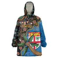 Fijian and Australian Culture Together Wearable Blanket Hoodie Aboriginal Art and Tapa Motifs with Kangaroo and Palm Tree - Polynesian Pride