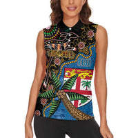 Fijian and Australian Culture Together Women Sleeveless Polo Shirt Aboriginal Art and Tapa Motifs with Kangaroo and Palm Tree - Polynesian Pride