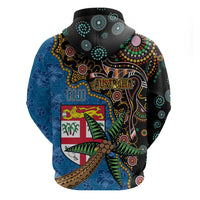 Fijian and Australian Culture Together Zip Hoodie Aboriginal Art and Tapa Motifs with Kangaroo and Palm Tree - Polynesian Pride