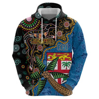 Fijian and Australian Culture Together Zip Hoodie Aboriginal Art and Tapa Motifs with Kangaroo and Palm Tree - Polynesian Pride