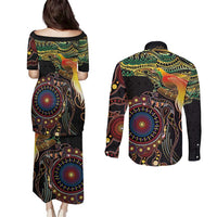 Papua New Guinea and Australia Together Couples Matching Puletasi and Long Sleeve Button Shirt Bird of Paradise and Kangaroo Melanesian Aboriginal Motifs - Polynesian Pride
