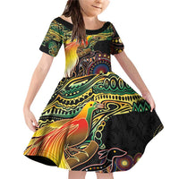 Papua New Guinea and Australia Together Family Matching Off Shoulder Short Dress and Hawaiian Shirt Bird of Paradise and Kangaroo Melanesian Aboriginal Motifs - Polynesian Pride