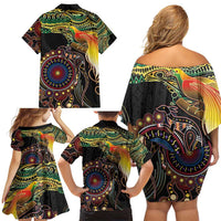 Papua New Guinea and Australia Together Family Matching Off Shoulder Short Dress and Hawaiian Shirt Bird of Paradise and Kangaroo Melanesian Aboriginal Motifs - Polynesian Pride