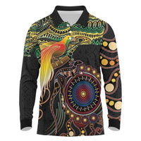 Papua New Guinea and Australia Together Long Sleeve Polo Shirt Bird of Paradise and Kangaroo Melanesian Aboriginal Motifs - Polynesian Pride