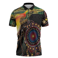 Papua New Guinea and Australia Together Zipper Polo Shirt Bird of Paradise and Kangaroo Melanesian Aboriginal Motifs - Polynesian Pride