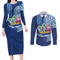Hawaiian Mele Kalikimaka Couples Matching Long Sleeve Bodycon Dress and Long Sleeve Button Shirt Funny Santa on Whale Island with Kakau Tattoos - Polynesian Pride