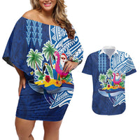 Hawaiian Mele Kalikimaka Couples Matching Off Shoulder Short Dress and Hawaiian Shirt Funny Santa on Whale Island with Kakau Tattoos - Polynesian Pride