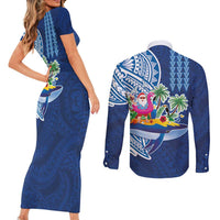 Hawaiian Mele Kalikimaka Couples Matching Short Sleeve Bodycon Dress and Long Sleeve Button Shirt Funny Santa on Whale Island with Kakau Tattoos - Polynesian Pride