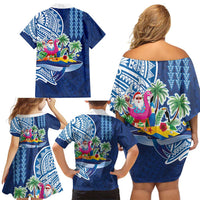 Hawaiian Mele Kalikimaka Family Matching Off Shoulder Short Dress and Hawaiian Shirt Funny Santa on Whale Island with Kakau Tattoos - Polynesian Pride