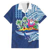 Hawaiian Mele Kalikimaka Family Matching Tank Maxi Dress and Hawaiian Shirt Funny Santa on Whale Island with Kakau Tattoos LT03 Dad's Shirt - Short Sleeve Blue - Polynesian Pride