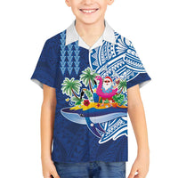 Hawaiian Mele Kalikimaka Family Matching Tank Maxi Dress and Hawaiian Shirt Funny Santa on Whale Island with Kakau Tattoos LT03 Son's Shirt Blue - Polynesian Pride