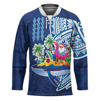 Hawaiian Mele Kalikimaka Hockey Jersey Funny Santa on Whale Island with Kakau Tattoos LT03 Unisex Blue - Polynesian Pride