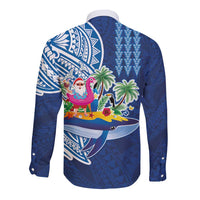 Hawaiian Mele Kalikimaka Long Sleeve Button Shirt Funny Santa on Whale Island with Kakau Tattoos - Polynesian Pride