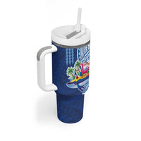 Hawaiian Mele Kalikimaka Tumbler With Handle Funny Santa on Whale Island with Kakau Tattoos - Polynesian Pride