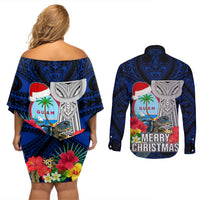 Guam Christmas Couples Matching Off Shoulder Short Dress and Long Sleeve Button Shirt Santa Gift Latte Stone and Sea Turle Mix Hibiscus Chamorro Blue Style LT03
