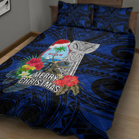 Guam Christmas Quilt Bed Set Santa Gift Latte Stone and Sea Turle Mix Hibiscus Chamorro Blue Style LT03