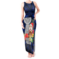 Guam Christmas Tank Maxi Dress Santa Gift Latte Stone and Sea Turle Mix Hibiscus Chamorro Blue Style LT03 Women Blue - Polynesian Pride