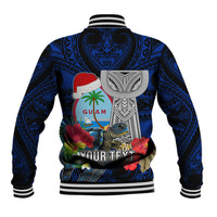 Custom Guam Christmas Baseball Jacket Santa Gift Latte Stone and Sea Turle Mix Hibiscus Chamorro Blue Style LT03