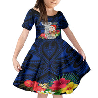 Custom Guam Christmas Family Matching Summer Maxi Dress and Hawaiian Shirt Santa Gift Latte Stone and Sea Turle Mix Hibiscus Chamorro Blue Style LT03 Daughter's Dress Blue - Polynesian Pride
