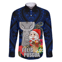 Custom Guam Christmas Family Matching Summer Maxi Dress and Hawaiian Shirt Santa Gift Latte Stone and Sea Turle Mix Hibiscus Chamorro Blue Style LT03 Dad's Shirt - Long Sleeve Blue - Polynesian Pride
