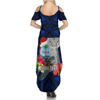 Custom Guam Christmas Family Matching Summer Maxi Dress and Hawaiian Shirt Santa Gift Latte Stone and Sea Turle Mix Hibiscus Chamorro Blue Style LT03 - Polynesian Pride