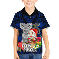 Custom Guam Christmas Family Matching Summer Maxi Dress and Hawaiian Shirt Santa Gift Latte Stone and Sea Turle Mix Hibiscus Chamorro Blue Style LT03 Son's Shirt Blue - Polynesian Pride