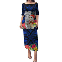 Custom Guam Christmas Puletasi Santa Gift Latte Stone and Sea Turle Mix Hibiscus Chamorro Blue Style LT03 Long Dress Blue - Polynesian Pride