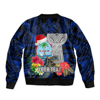 Custom Guam Christmas Sleeve Zip Bomber Jacket Santa Gift Latte Stone and Sea Turle Mix Hibiscus Chamorro Blue Style LT03