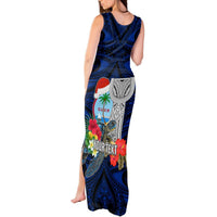 Custom Guam Christmas Tank Maxi Dress Santa Gift Latte Stone and Sea Turle Mix Hibiscus Chamorro Blue Style LT03 - Polynesian Pride
