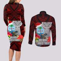Guam Christmas Couples Matching Long Sleeve Bodycon Dress and Long Sleeve Button Shirt Santa Gift Latte Stone and Sea Turle Mix Hibiscus Chamorro Red Style LT03