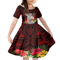 Guam Christmas Family Matching Summer Maxi Dress and Hawaiian Shirt Santa Gift Latte Stone and Sea Turle Mix Hibiscus Chamorro Red Style LT03 Daughter's Dress Red - Polynesian Pride