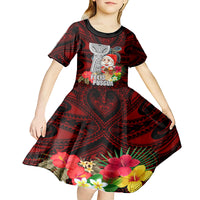 Guam Christmas Kid Short Sleeve Dress Santa Gift Latte Stone and Sea Turle Mix Hibiscus Chamorro Red Style LT03