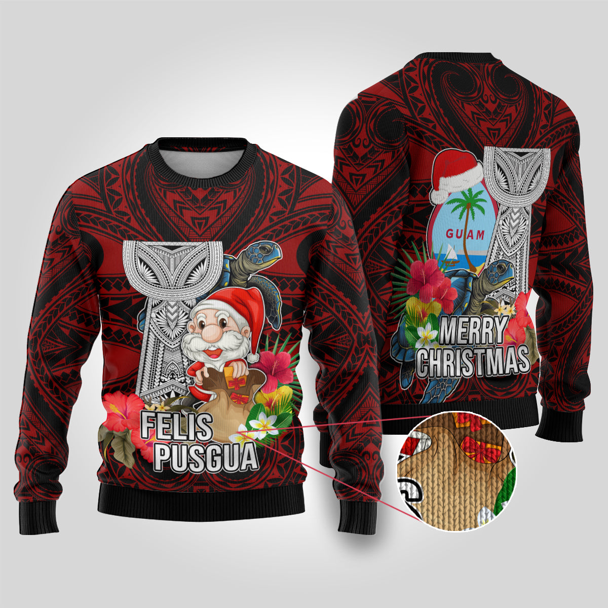 Guam Christmas Ugly Christmas Sweater Santa Gift Latte Stone and Sea Turle Mix Hibiscus Chamorro Red Style LT03