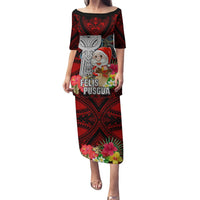 Guam Christmas Puletasi Santa Gift Latte Stone and Sea Turle Mix Hibiscus Chamorro Red Style LT03 Long Dress Red - Polynesian Pride