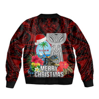 Guam Christmas Sleeve Zip Bomber Jacket Santa Gift Latte Stone and Sea Turle Mix Hibiscus Chamorro Red Style LT03